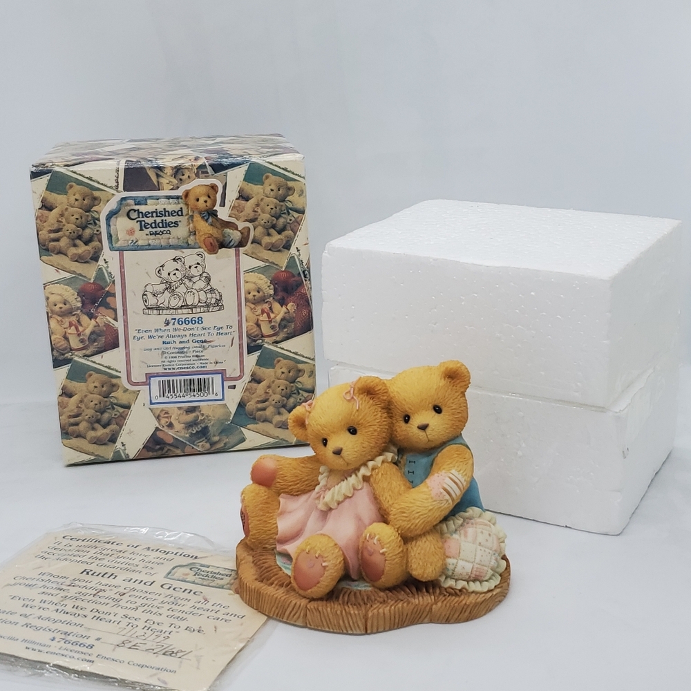 New CHERISHED TEDDIES RUTH GENE BEAR FIGURINE 1998 hugging heart BOY GIRL1998